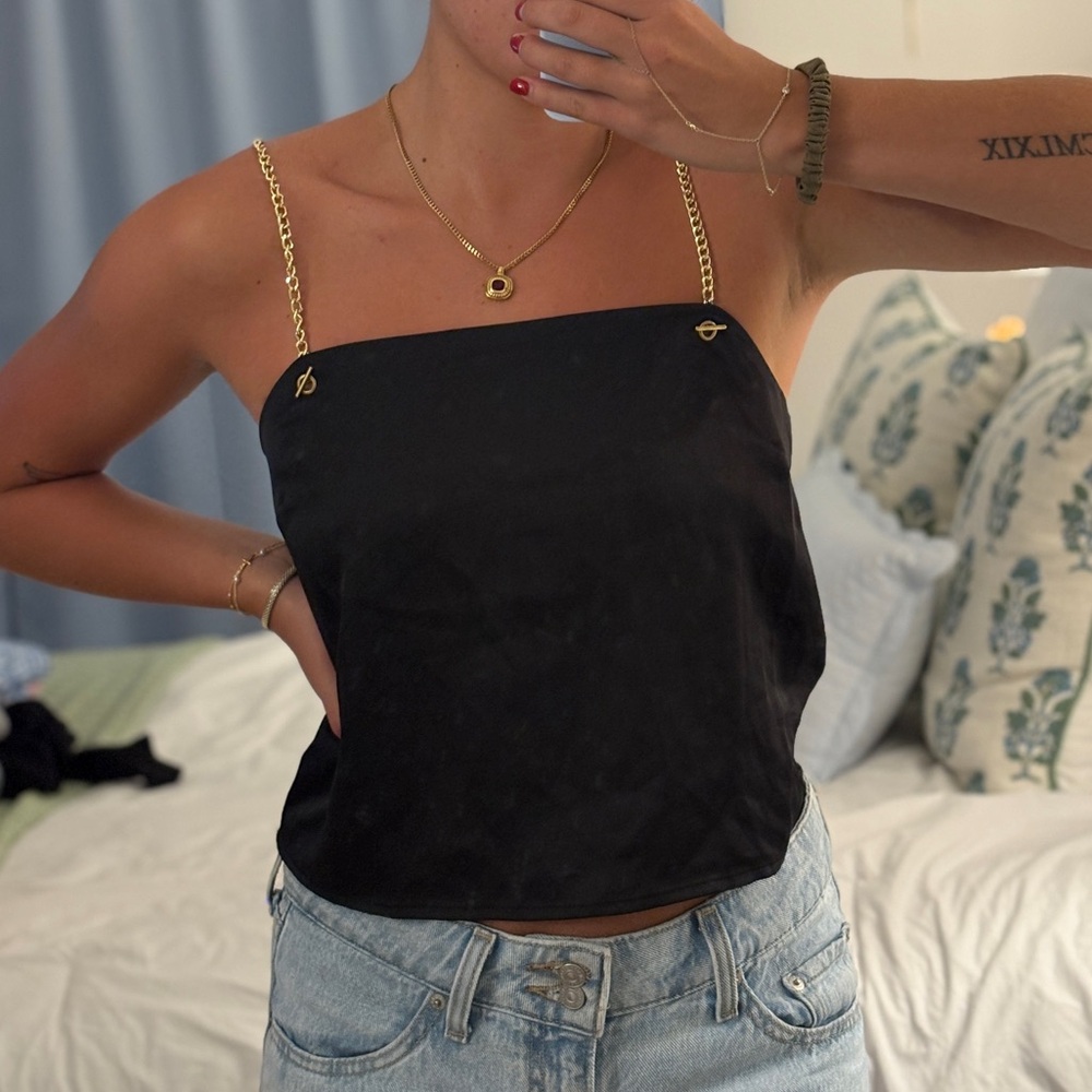 Forever 21 Satin Black Top with Gold Straps